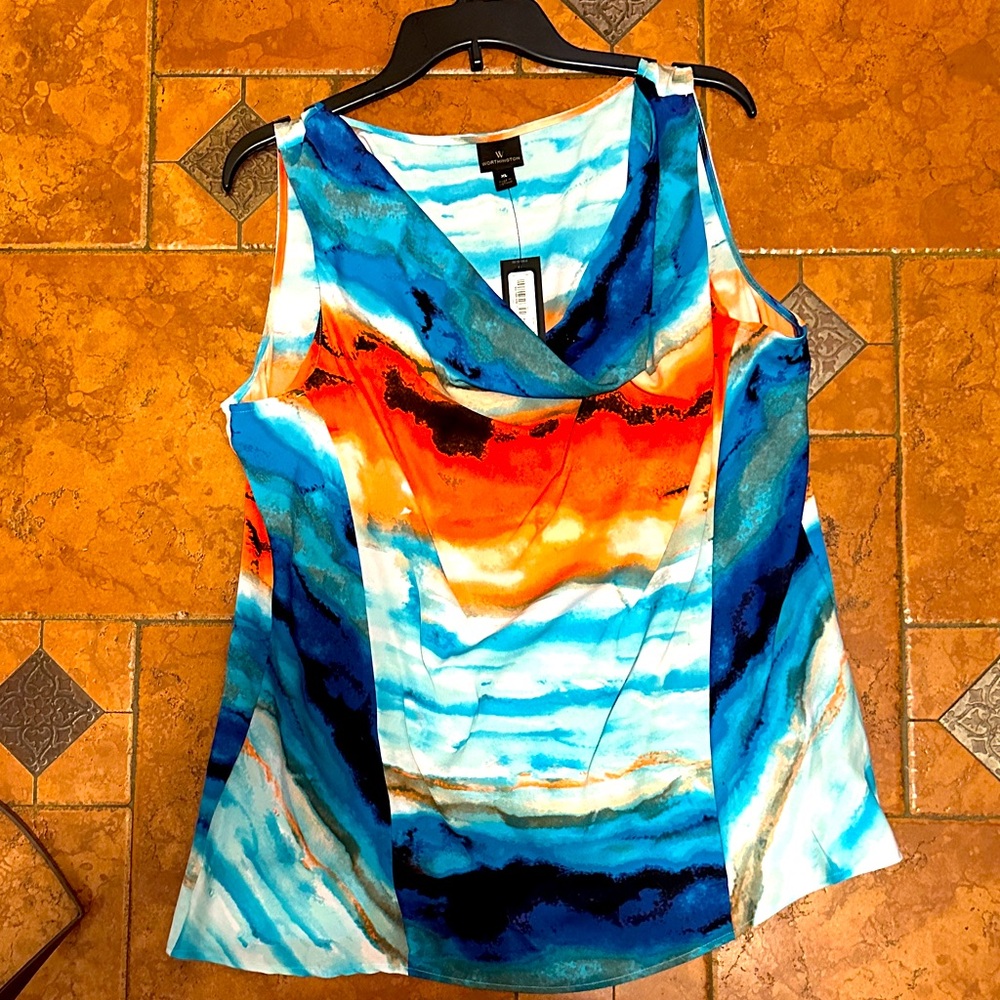 Worthington Blue and Orange Sleeveless Blouse
